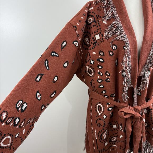 On Twelfth Rust Brown Bandana Print Cardigan XL Fringe Belted Boho Western Wool - Picture 5 of 13